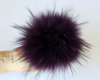 Hat pom pom , Real fur pompom for hat with ribbons, Raccoon fluffy full large fur pom pom for beanie, Huge size pom pom