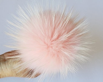 Pink Real Fur Pompom with ribbon for hat, Raccoon fluffy large fur pom pom for beanie, Shipping from USA, Huge size