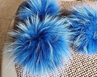 Blue Real Fur pom pom for hat with snap, Free Shipping from USA, Raccoon fluffy pom for beanie, Large pom 7 inch, Genuine fur