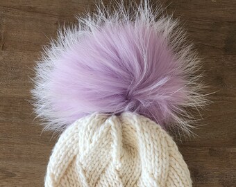 Purple real fur pompom for hat with ribbons, Raccoon fluffy large fur pom pom for beanie, Huge pom poms, Big size pom pom