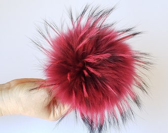 Hot pink real fur pompom for hat with ribbons, Raccoon fluffy large fur pom pom for beanie, Hat pom pom, Big size pom pom