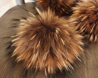Real Fur pom pom for hats with snap, Free shipping, Furry pom, Raccoon fluffy pom for beanie, Large pom 6 inch, Genuine fur