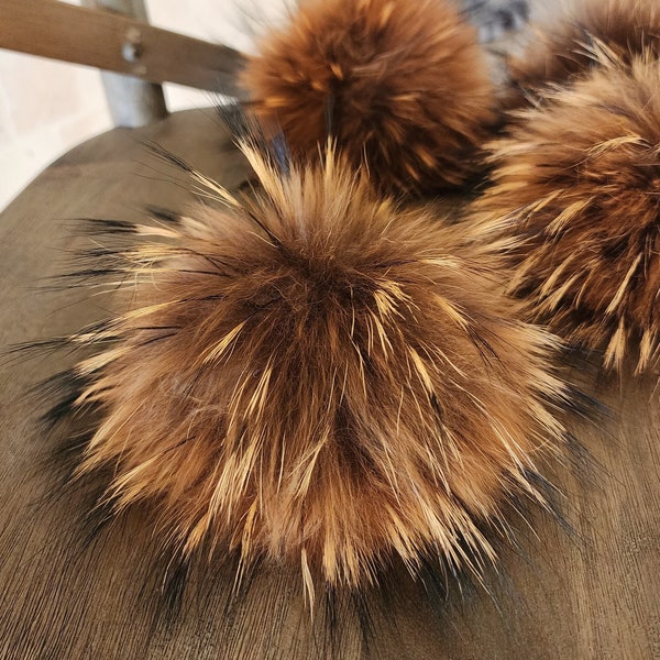 Real Fur pom pom for hats with snap, Free shipping, Furry pom, Raccoon fluffy pom for beanie, Large pom 6 inch, Genuine fur