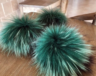 Real Fur pom pom for hats with snap, Free shipping, Green furry pom, Raccoon fluffy pom for beanie, Large pom 6 inch, 7 inch, Genuine fur