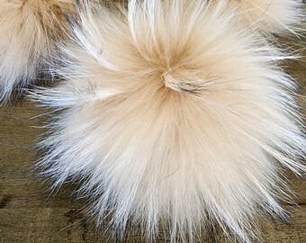 Beige natural real fur pompom for hat with snap, Free shipping from USA,  Raccoon fluffy large fur pom pom for beanie, Huge Big size pom pom