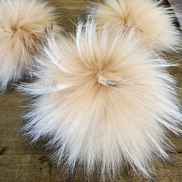 Beige natural real fur pompom for hat with snap, Free shipping from USA,  Raccoon fluffy large fur pom pom for beanie, Huge Big size pom pom