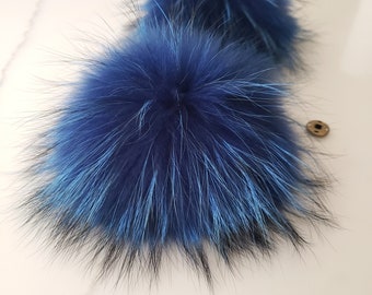 Blue Real Fur Pom Pom for hat w/snap, Shipping from USA, Raccoon fluffy pom, Large pom pom 6 inch with bulk, Genuine fur