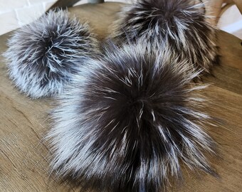 Real fur pom pom for hats with snap button,  5 inch, 6 inch, 7 inch Silver Fox snap on pompom for kids hats, Shipping from USA