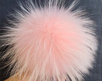 Pink natural fur pompom for hat with snap, Raccoon fluffy large fur pom pom for beanie, Hat pom pom, Huge size pom pom