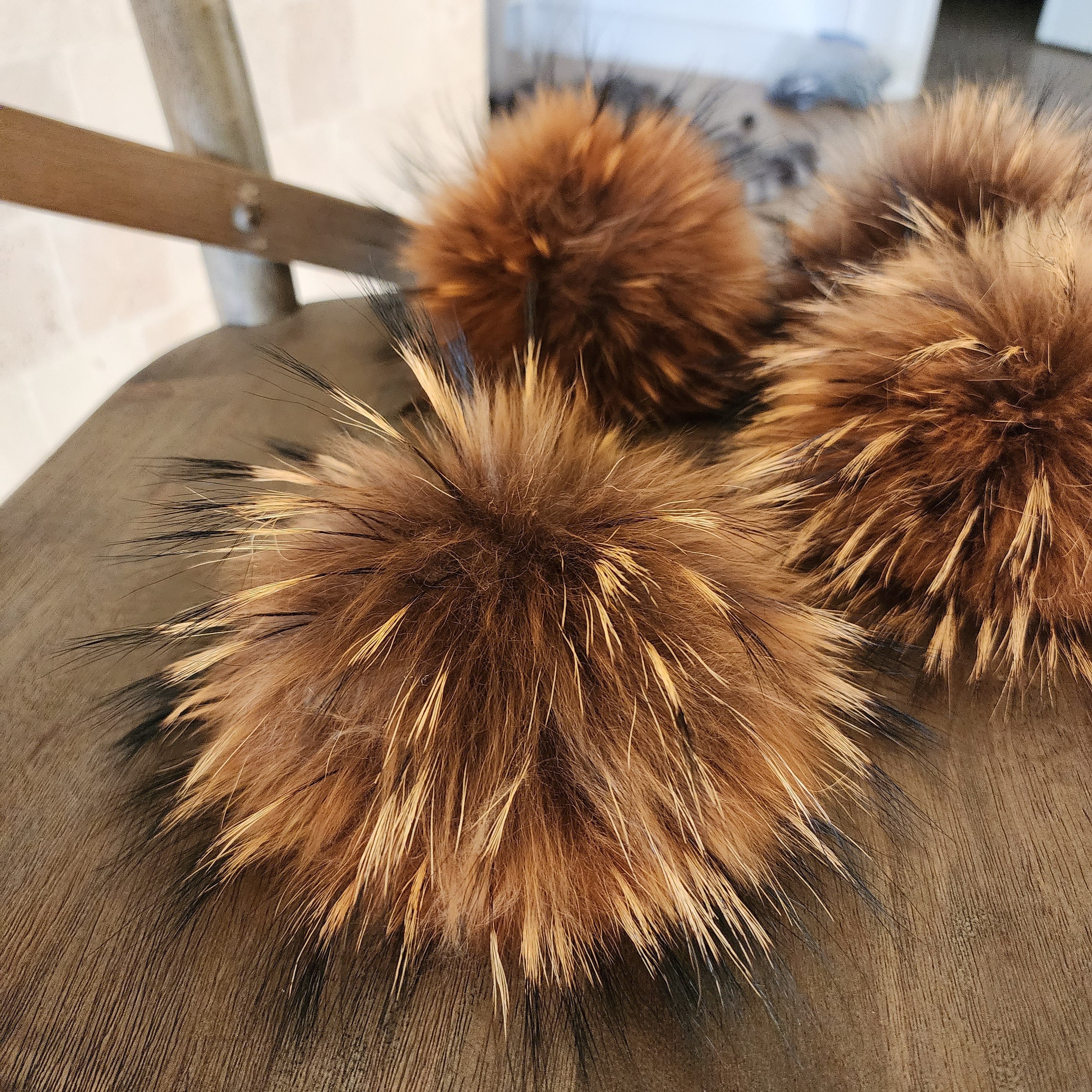 XL Sand Color Real Fur Pompoms for beanie hats keychains. Snap pom pom 7”