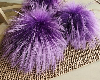 Purple Real Fur pom pom for hat with snap, Free shipping from USA, Raccoon fluffy pom for beanie, Large pom 7 inch, Genuine fur