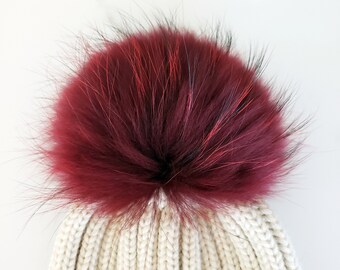 Burgundy Fur pompom with snap button, genuine fur pom pom for hat, Natural raccoon fluffy pom for beanie, Detachable large