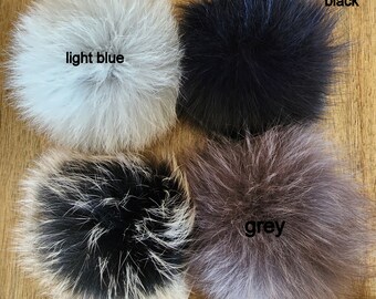 Real Fur Fox Pompom for hat with ties, 5 INCH MEDIUM size  Shipping from the USA, Furry poms with ribbons, Pom for Beanie, Medium pom pom