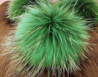 Green Real Fur pom pom for hat with snap, Free shipping from USA, Furry pom, Raccoon fluffy pom for beanie, Large pom 7 inch, Genuine fur