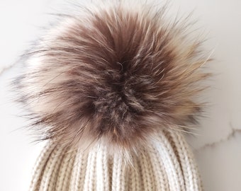 Real Fur pom pom for hats, Raccoon fluffy pom for beanie, Furry poms with snap, Large pom pom, 5 inch medium , 6 inch , Genuine fur