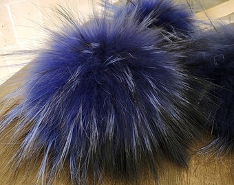 Real Fur pompom for hat with snap, Free Shipping from USA, Blue furry pom, Raccoon fluffy pom for beanie, Large pom 6-7 inch , Genuine fur