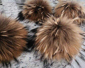 Natural real fur pompom for hat with snap, Raccoon fluffy large fur pom pom for beanie, Huge pom poms, Big size pom pom