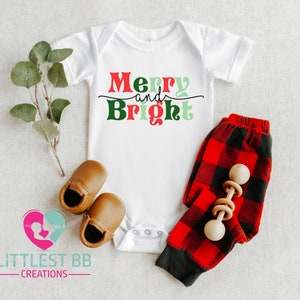 Merry And Bright Outfit - My First Christmas Onesie® - Christmas Baby Bodysuit - Baby Christmas Onesie®- Baby&#39;s First Christmas Onesie®
