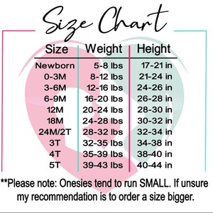 May include: A pink and green size chart for onesies with columns for size, weight in pounds, and height in inches. The chart includes sizes from newborn to 5T. The text "Please note: Onesies tend to run SMALL. If unsure my recommendation is to order a size bigger." is at the bottom of the chart.