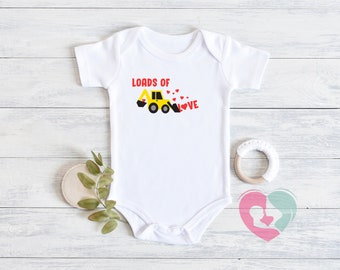 Loads Of Love Construction Onesie® - Valentine's Day - Baby Boy Construction Onesie® - Valentines Kids Gifts - Backhoe Construction