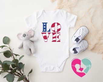 Love America Onesie®- Cute Fourth of July Baby Onesie®- Independence Day Bodysuit - 4th of July Onesie® - Kid Shirt - American Flag Shirt