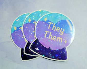 Holographic Glitter They/Them Pronoun Crystal Ball 3 inch Vinyl Sticker