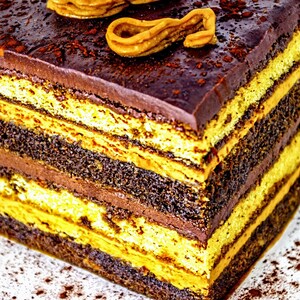 May include: A layered chocolate cake with alternating layers of chocolate and yellow cake, topped with chocolate frosting and a swirl of caramel.