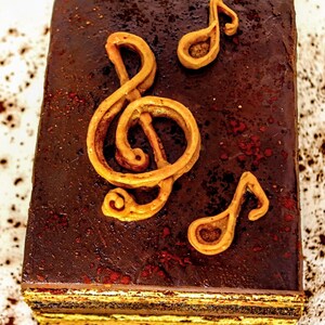 May include: A multi-layered chocolate cake decorated with brown sugar and three golden musical notes.