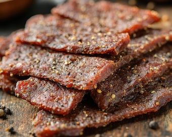 May include: Close-up of stacked slices of beef jerky. The jerky is a deep reddish-brown color, with visible seasoning and pepper flakes. The texture appears slightly rough and dry. The image suggests a snack or food item.