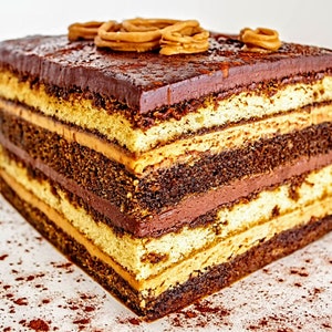 May include: A multi-layered chocolate cake with caramel and chocolate frosting. The cake is decorated with chocolate swirls and is sitting on a white surface with cocoa powder sprinkled around it.