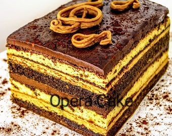 Opera Cake made with almond flour, ganache, coffee buttercream and coffee syrup