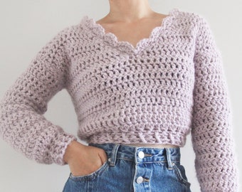 Chunky Cropped Crochet Sweater with Scalloped Shell V-neck - Crochet Pattern pdf instant digital download forthefrills