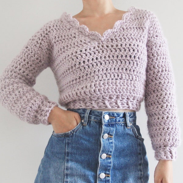 Chunky Cropped Crochet Sweater with Scalloped Shell V-neck - Crochet Pattern pdf instant digital download forthefrills