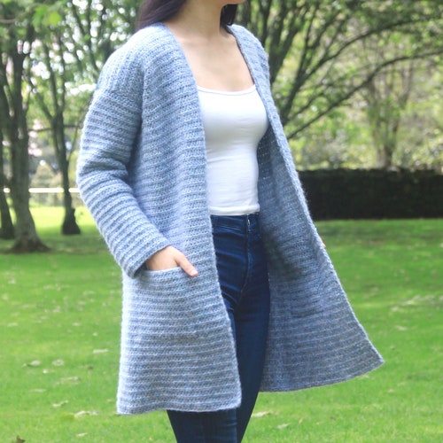 Crochet Cardigan Coat Stonewash Pocket 