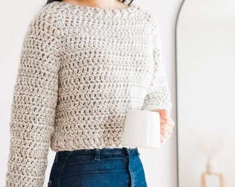 Chunky Crop Sweater Crochet Pattern, Easy Top-Down Pullover (PDF Pattern)