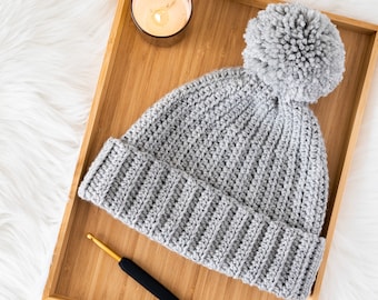 Easy Everyday Beanie Crochet Pattern Beginner Pom Pom Ribbed Hat Fall Winter DIY – Crochet pattern pdf instant digital download forthefrills