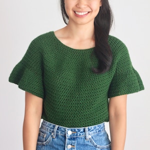 Crochet Ruffle Sleeve Round Neck Sweater Top – Crochet pattern, Patron Crochet pdf instant digital download forthefrills