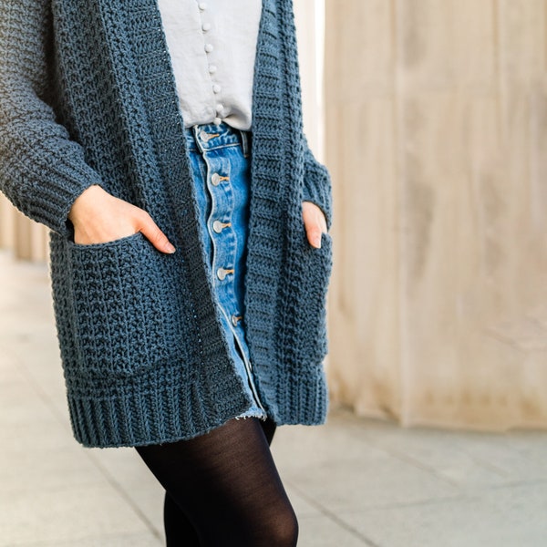 Crochet Pattern Textured Cardigan Easy Pocket Sweater Waffle Look Modern Beginner Friendly PDF