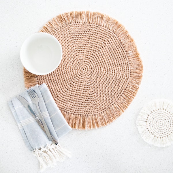 Easy Crochet Placemats with Fringe // Boho Home Décor Table mat Coaster  – Crochet pattern pdf instant digital download for the frills