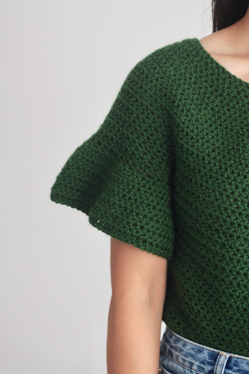 Crochet Ruffle Sleeve Round Neck Sweater Top Crochet Etsy New Zealand