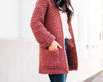 Crochet Chunky Coat with Pockets // Linen-Stitch Cardigan // Moss Stitch Coatigan – Crochet pattern pdf digital download forthefrills