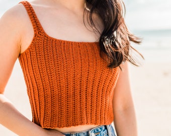 Gehaakte geribbelde crop top, gemakkelijke tanktop, eenvoudig singlet, zomerhemdje bijgesneden – haakpatroon pdf, instant digitale download voor de franjes