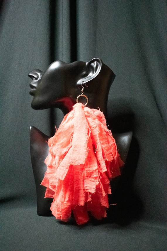Orange, Infinity Scarf and Fabric Fringe Tassel Earring set, Statement Earring, Tassel earring