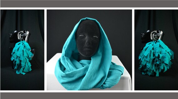 Stylish, Teal, Infinity Scarf, and Fabric Tassel Earrings, Fringed Tassel Earrings