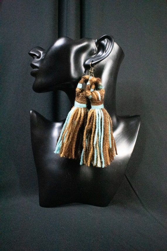 Yarn Tassel Earring Tassel Earrings, Cool Tones, Blue, Beige, brown,