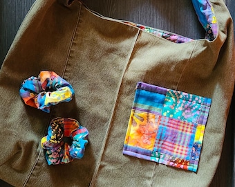 Upcycled Green Denim Hobo Bag, Patchwork Tote with Scrunchies