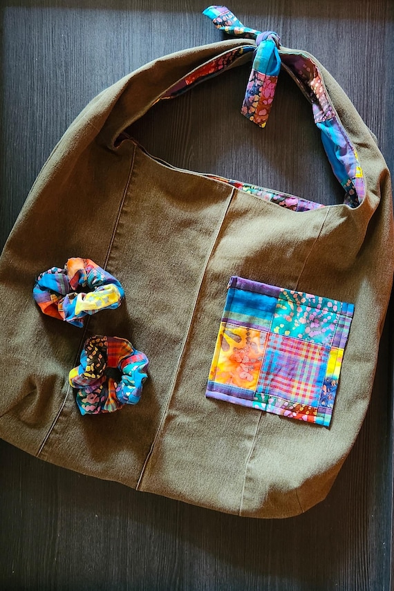 Upcycled Green Denim Shoulder Bag, Patchwork Bag, Denim Hobo Bag, Denim bag, Large Shoulder Bag, Retro Denim Tote Bag, Denim Tote, Jean Bag