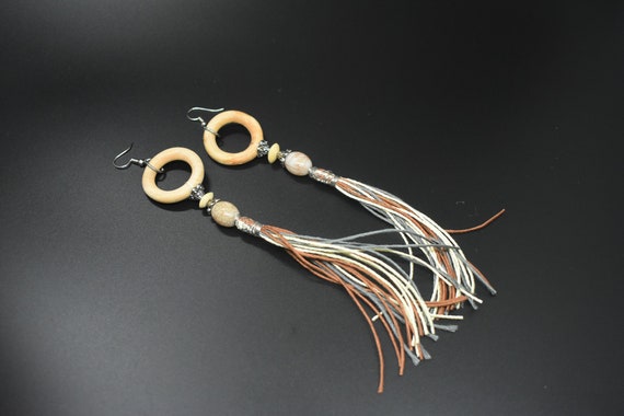 Earth tone, Gray, beaded, Tassel Earrings
