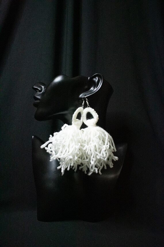 White, Jumbo tassel earrings, earrings, yarn earrings, tassel earrings, Fringed tassel earring
