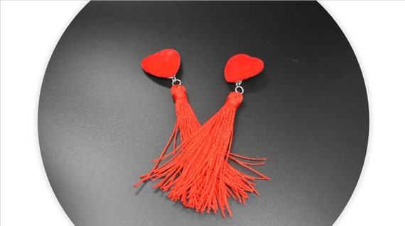 Red, Heart, Tassel Earrings, Clip on Earring, Valentines' day,